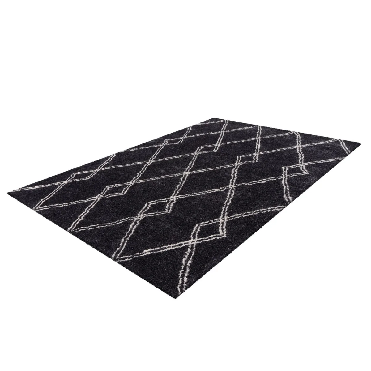 Tapis shaggy à losanges anthracite et écru en polyester avec motifs géométriques