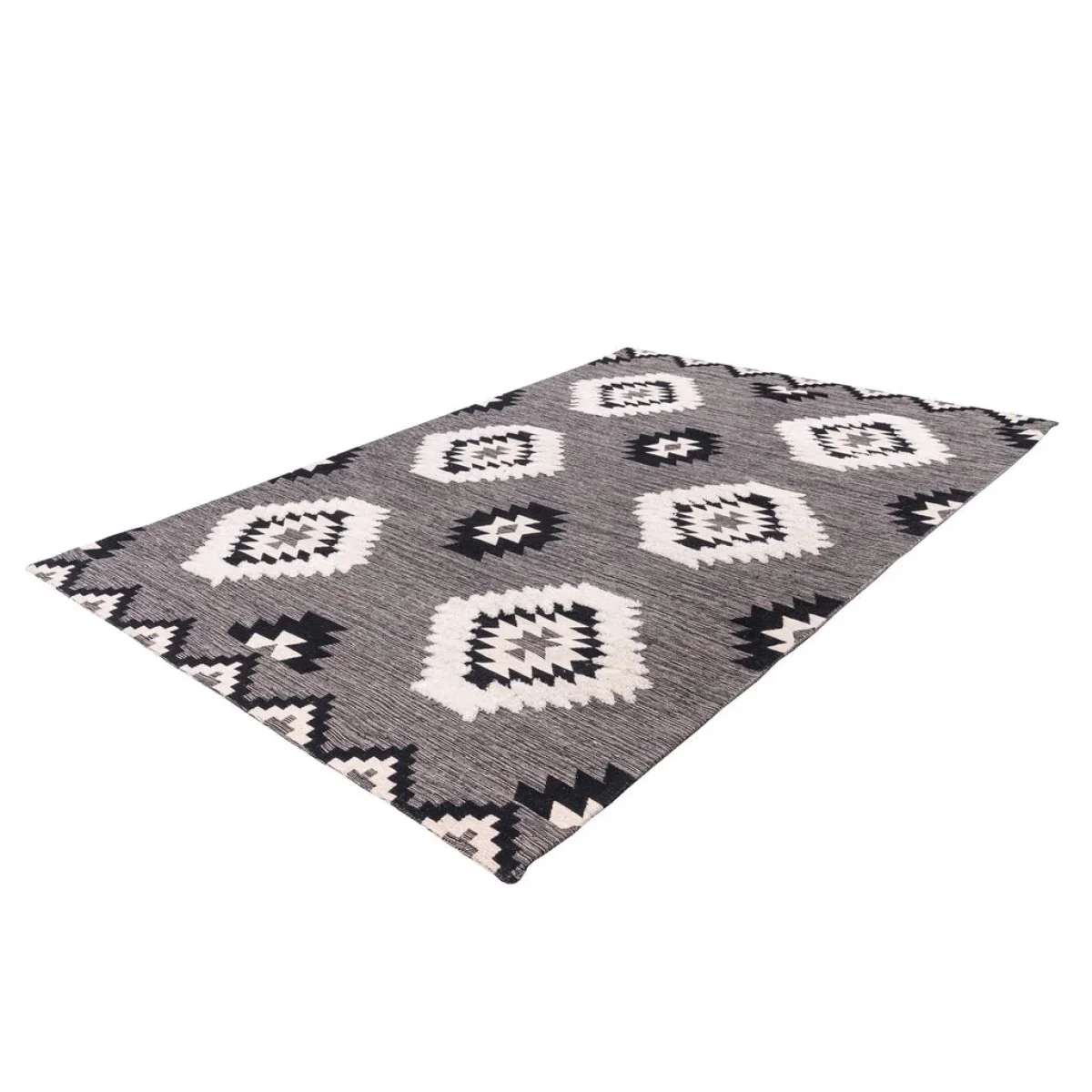 Tapis ethnique rectangulaire noir et blanc en coton avec motifs losanges 120x170 cm