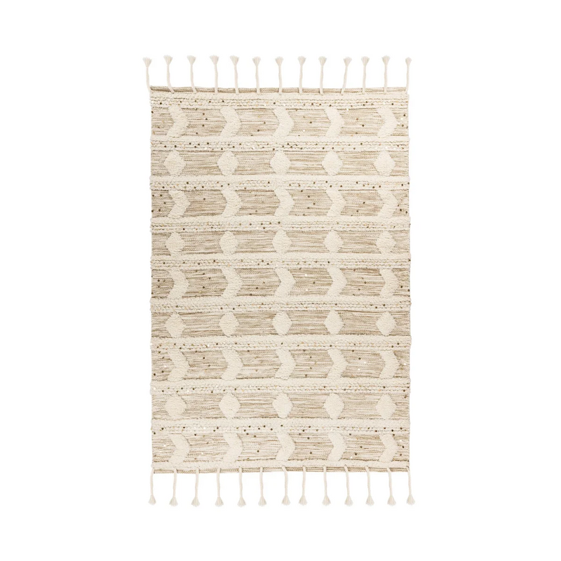 Tapis en laine écru à motifs géométriques et franges