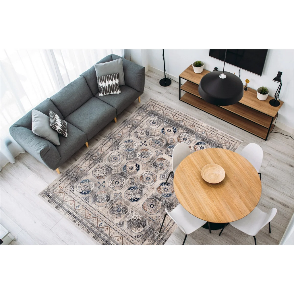 Tapis oriental à poil ras avec médaillons bleus, gris et beige, motif géométrique