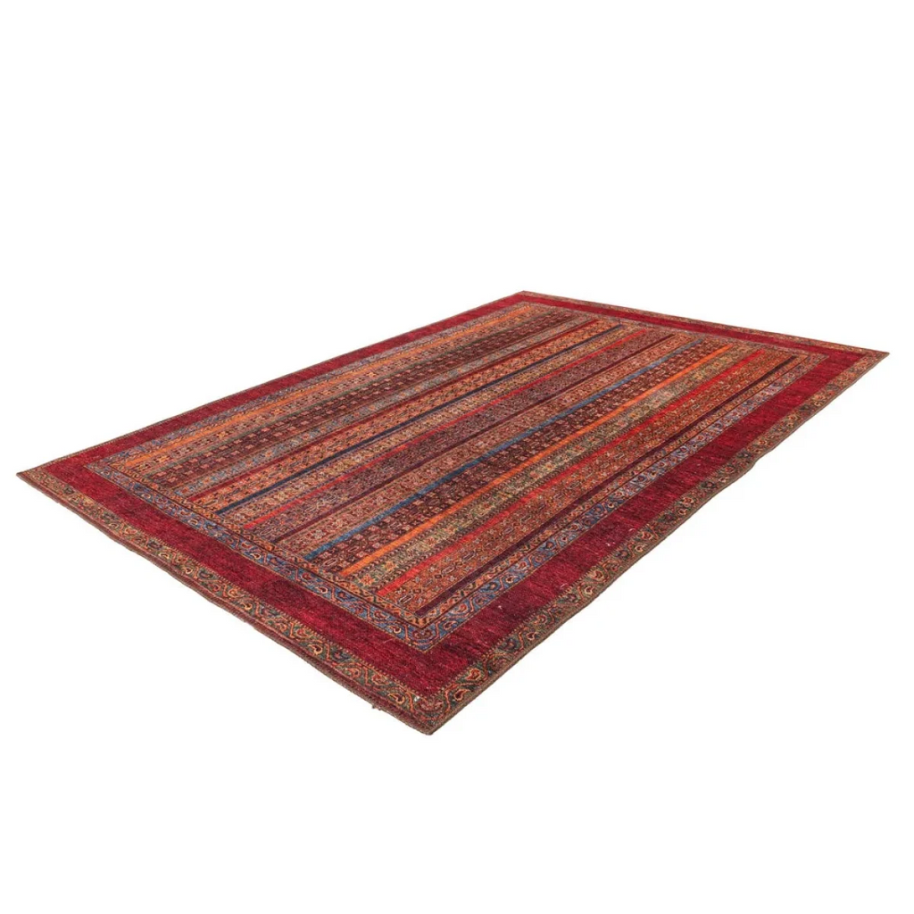 Tapis rectangulaire à bordure rouge avec motif rayé multicolore pour Faye 400 Multi Rot 110cm x 180cm