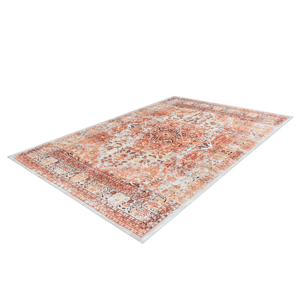 Tapis oriental rectangulaire à médaillon en tons terracotta et beige, orné et distressed