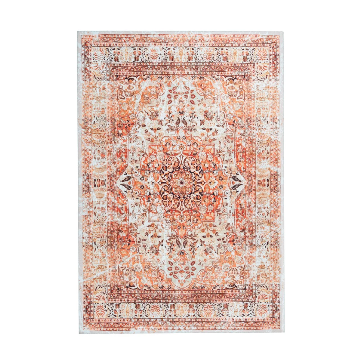 Tapis oriental rectangulaire avec médaillon en tons terracotta et beige, look distressed