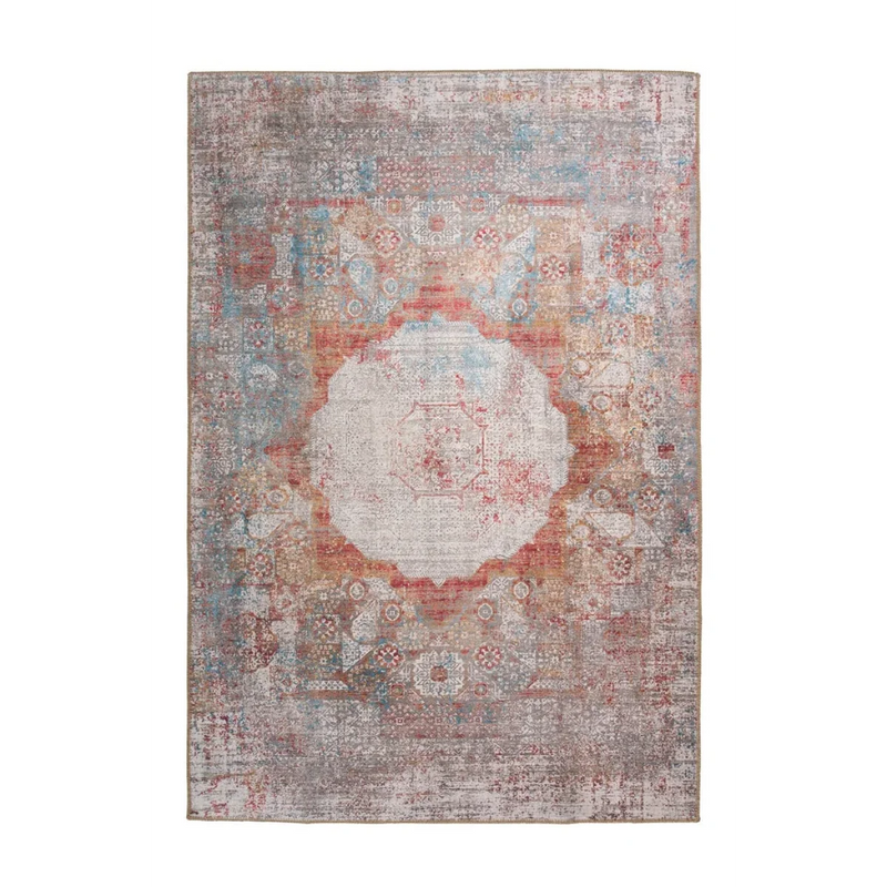 Tapis oriental rectangulaire à médaillon tons terracotta et bleu