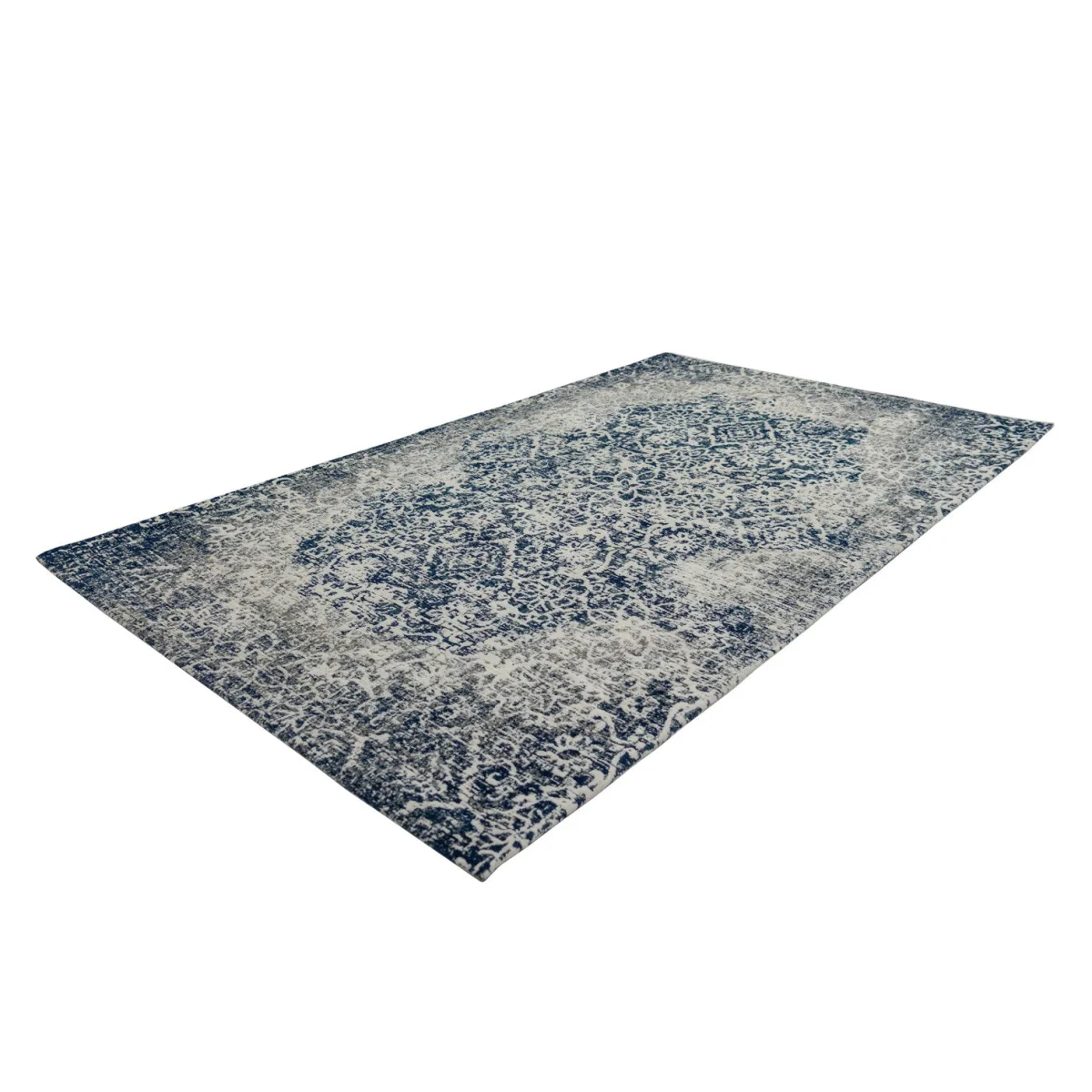Tapis oriental rectangulaire bleu et écru avec motif abstrait vieilli, style distress