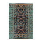 Tapis oriental rectangulaire bleu et ocre avec motif floral et médaillon vieilli