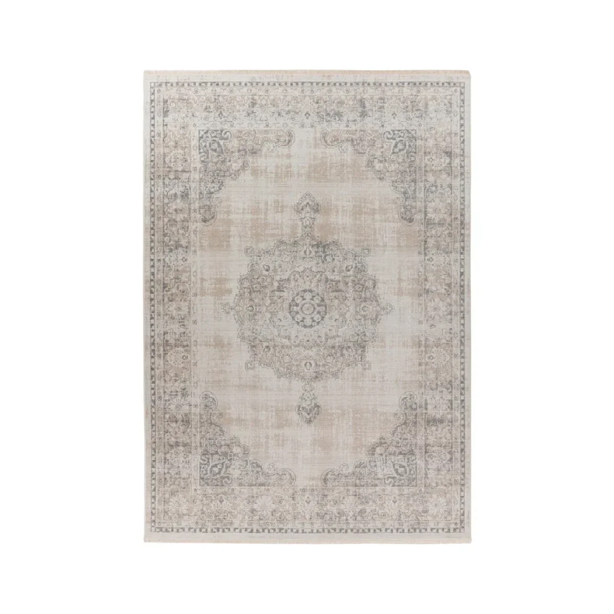 Tapis oriental rectangulaire en tissu gris avec motif central et medallion ornemental