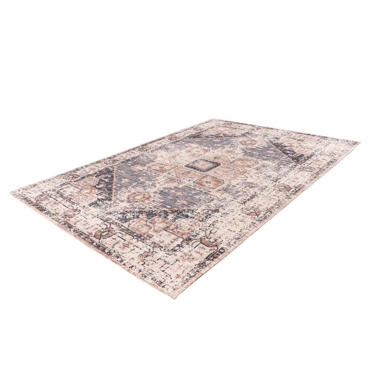 Tapis persan rectangulaire effet vieilli en coton gris taupe avec motif distressed
