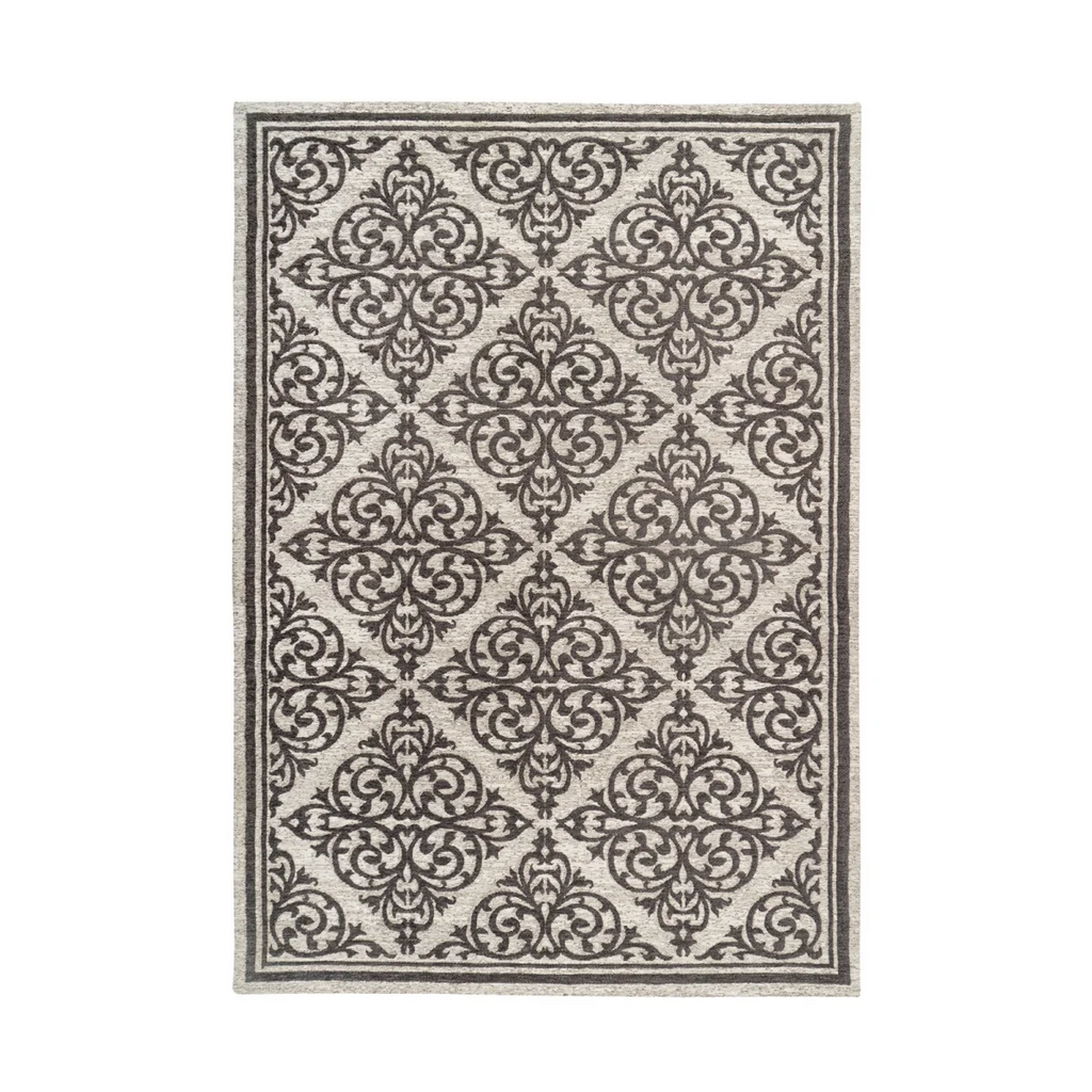 Tapis rectangulaire écru et gris avec motif damassé et bord sombre