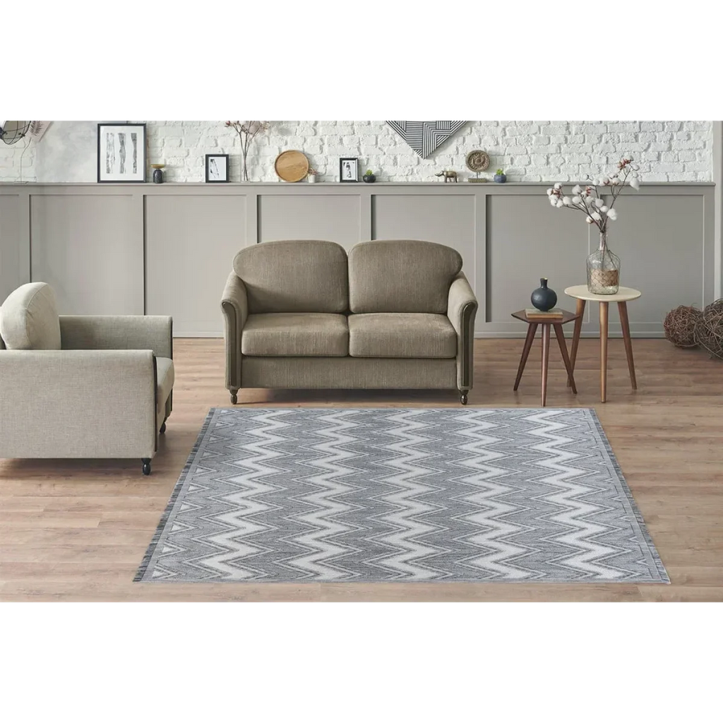 Tapis zone gris clair et blanc avec motif en zigzag pour Sarai 200 Grau / Weiß