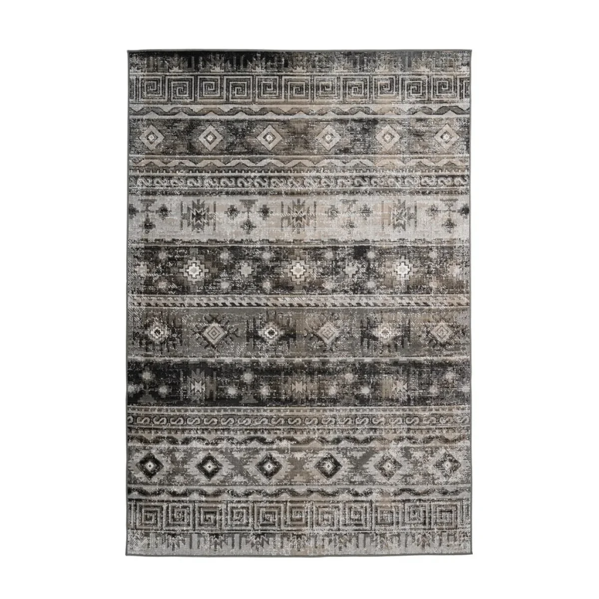 Tapis rectangulaire Ariya 300 Grau avec motif tribal distressed en gris noir et blanc