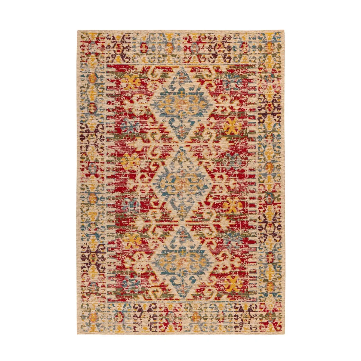 Tapis rectangulaire kilim multicolore à motifs tribaux avec motif en diamants délavé
