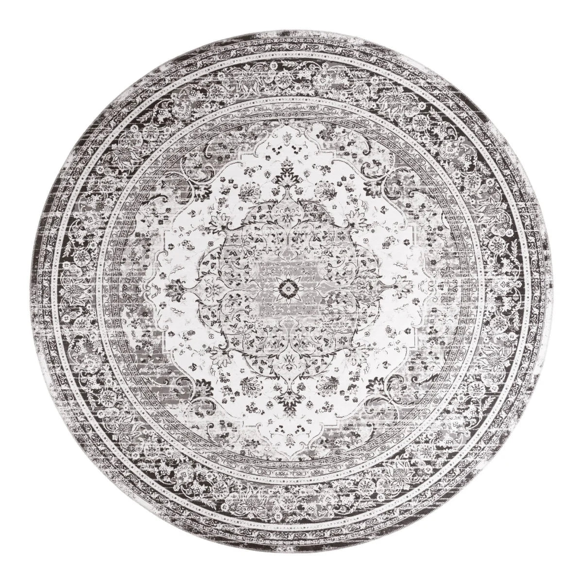 Tapis rond persan noir et blanc vintage Ø200 cm motifs floraux