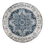 Tapis rond persan bleu Ø200 cm avec motifs floraux et géométriques symétriques en navy, gris et crème