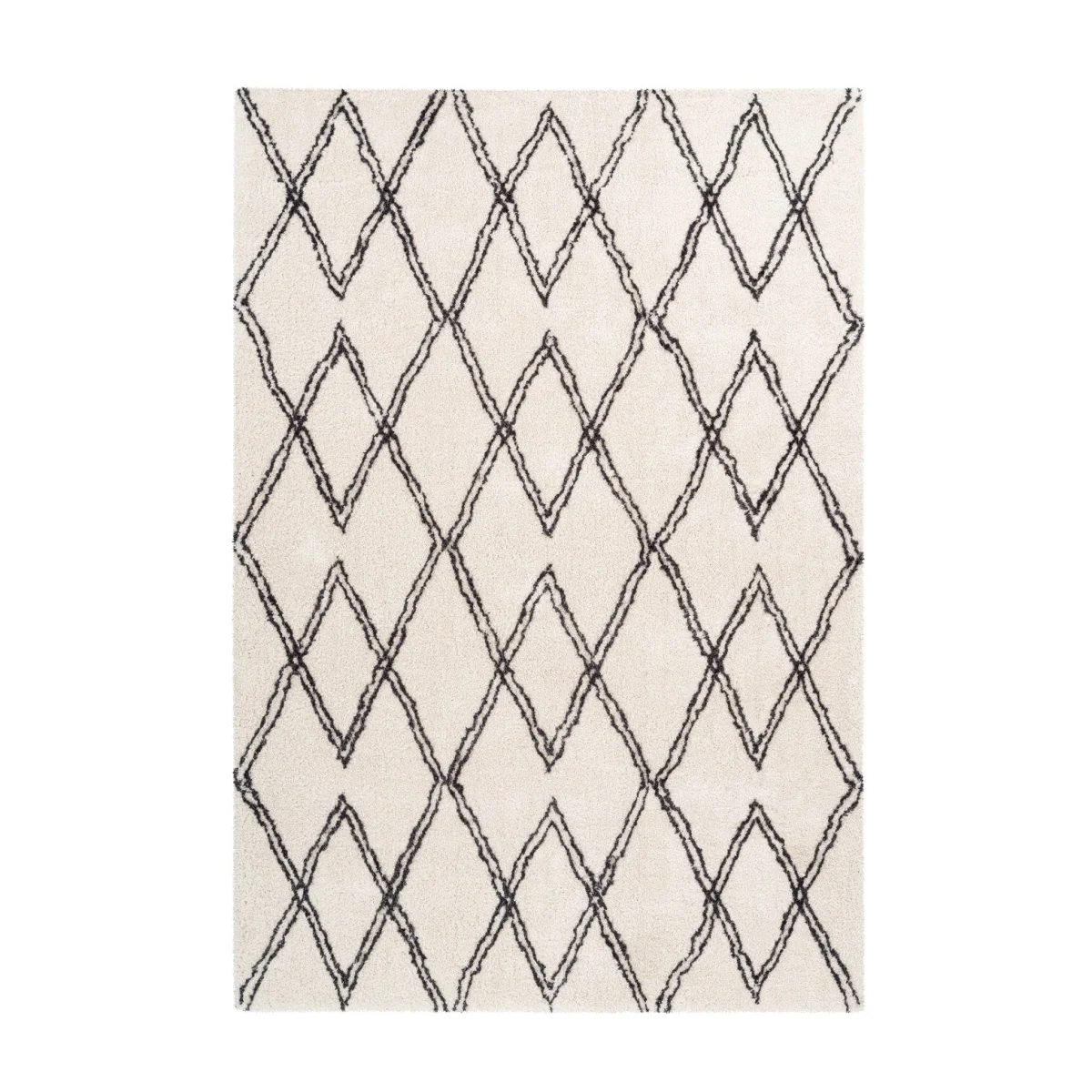 Tapis shaggy rectangulaire écru avec motifs losanges noirs pour salon moderne