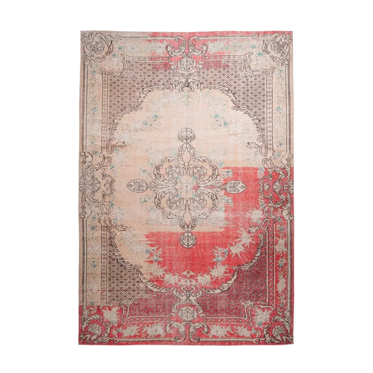 Tapis vintage style antique avec motif orné rouge et crème délavé 200x290cm