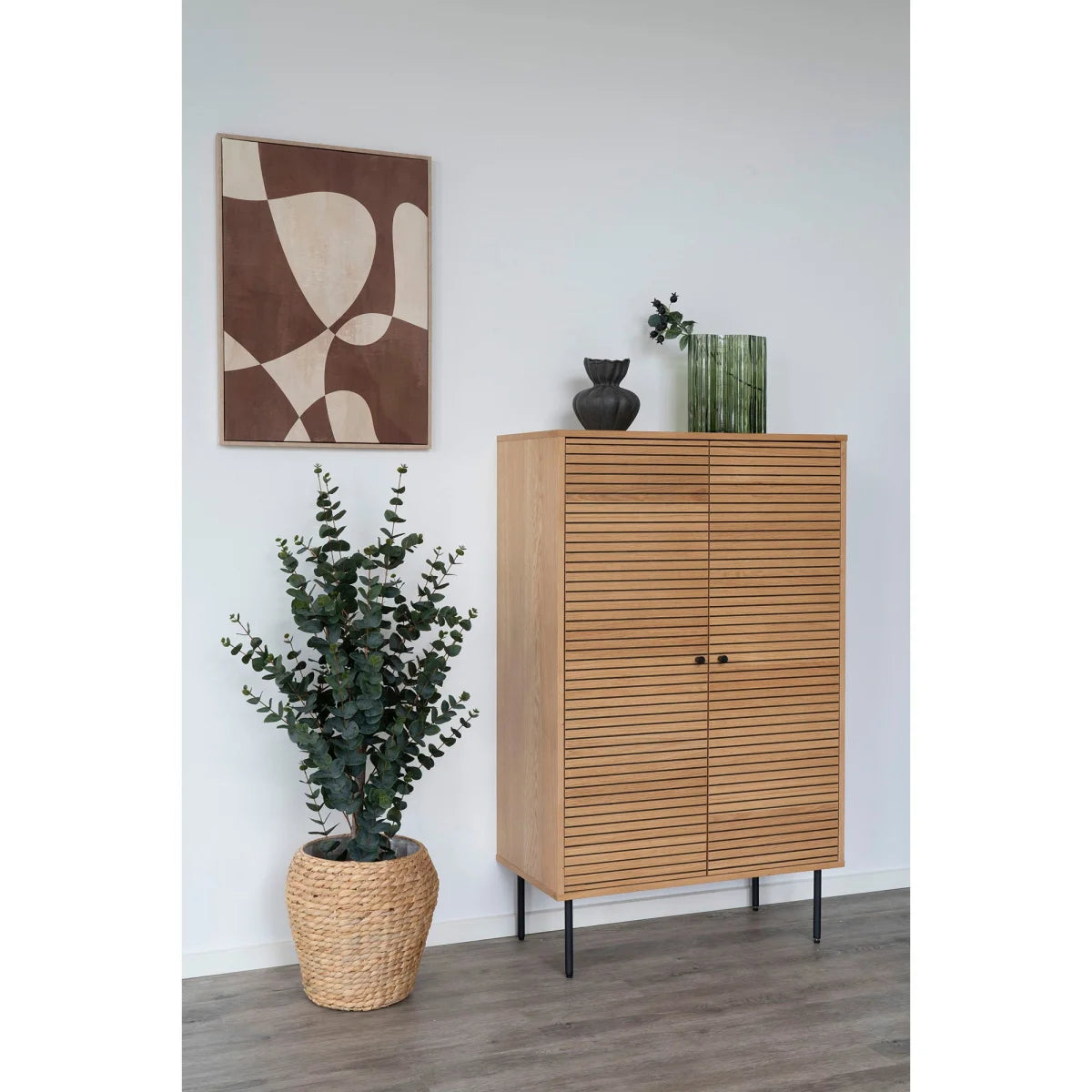 Meuble à chaussures en bois clair latté sur pieds métal noir, Toile déco 50x70 cm marron beige