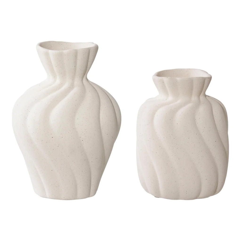 Lot de 2 vases en céramique blanc crème mat texturé ondulé