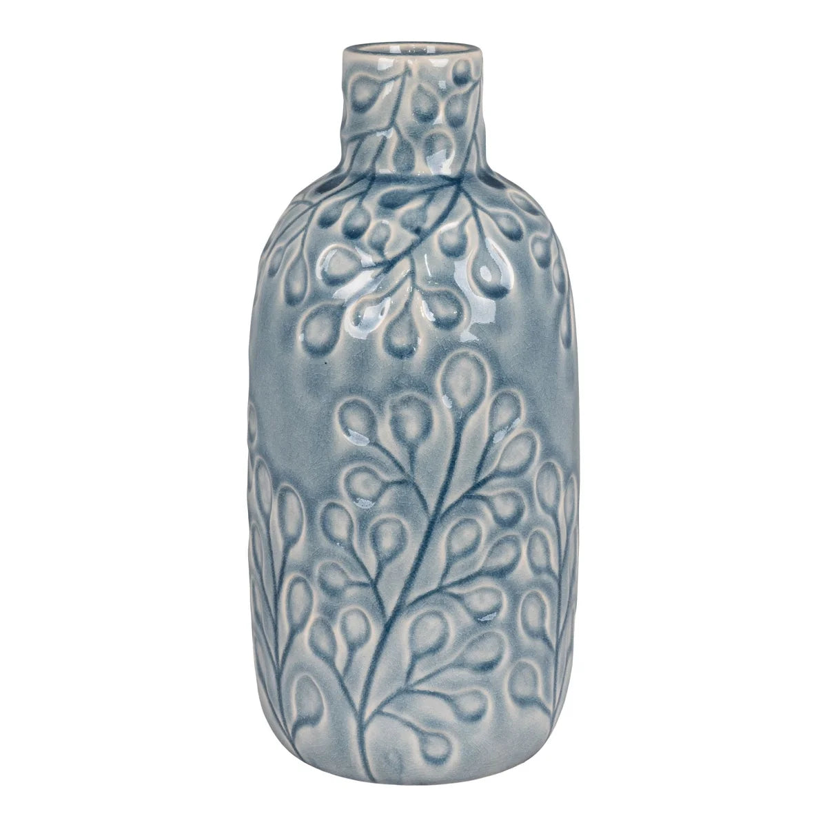 Vase en céramique bleu mat motif végétal relief col étroit H26 cm