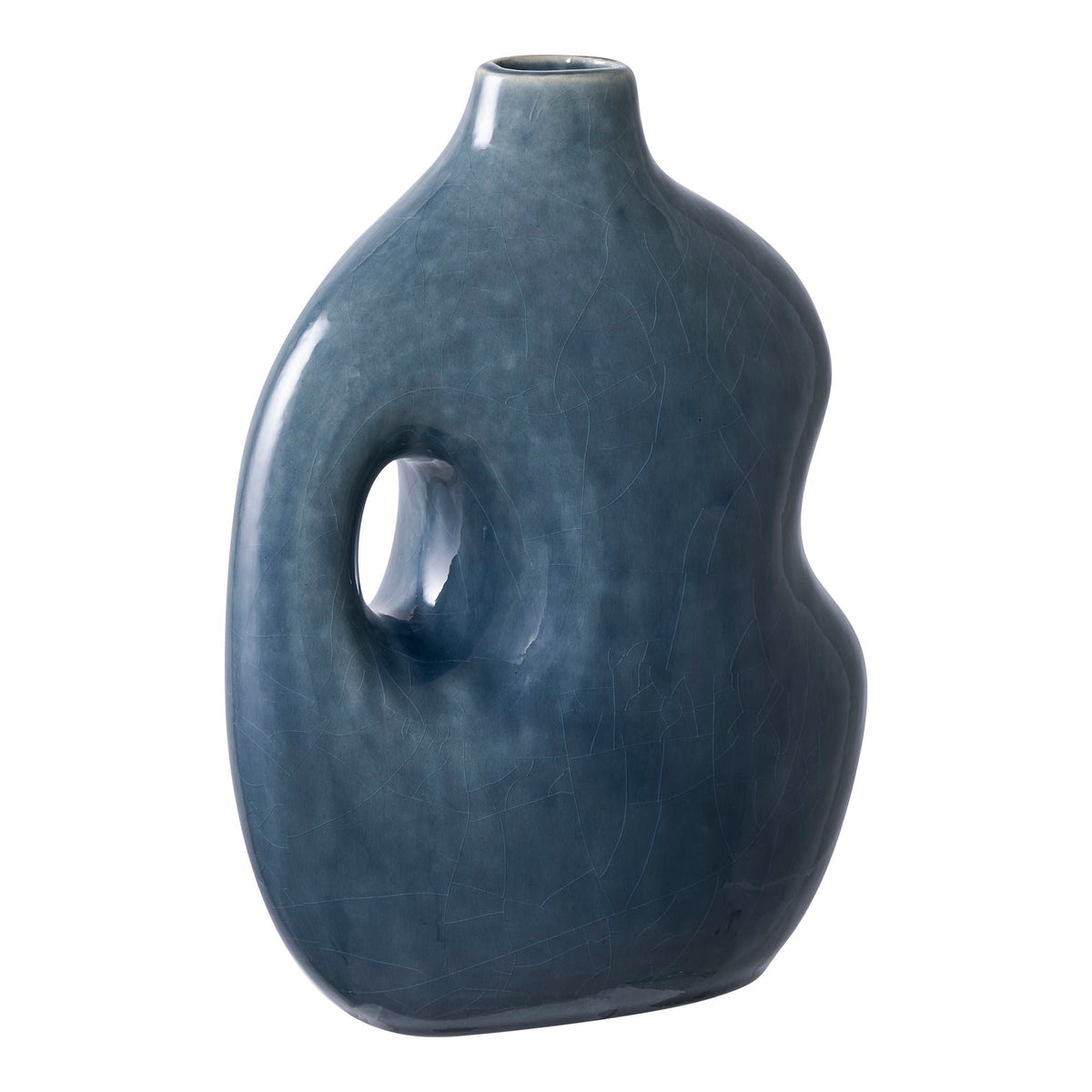 Vase décoratif en céramique bleu pétrole ajouré, finition satinée, H25 cm
