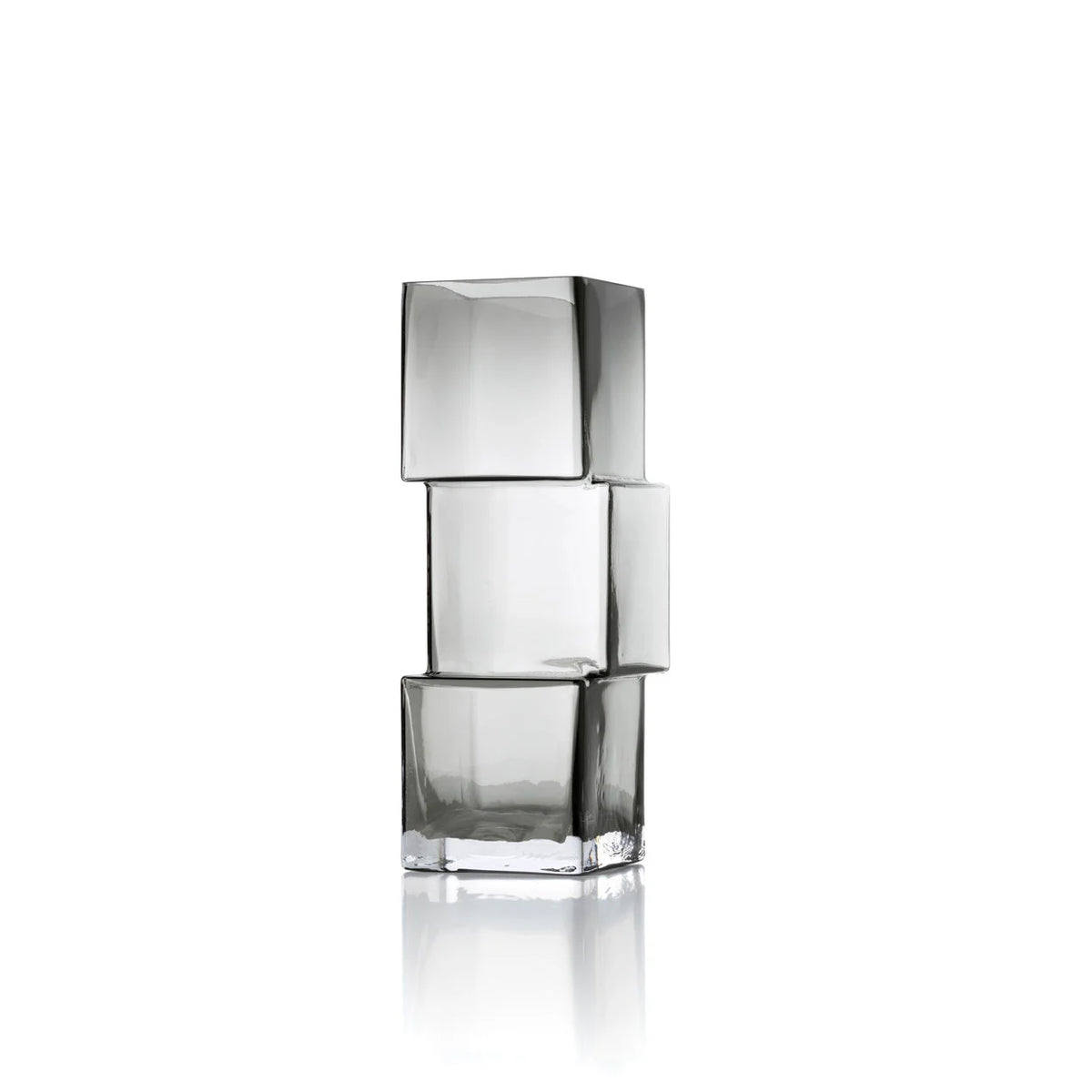 Vase décoratif en verre fumé gris avec cubes décalés empilés translucides, H27 cm