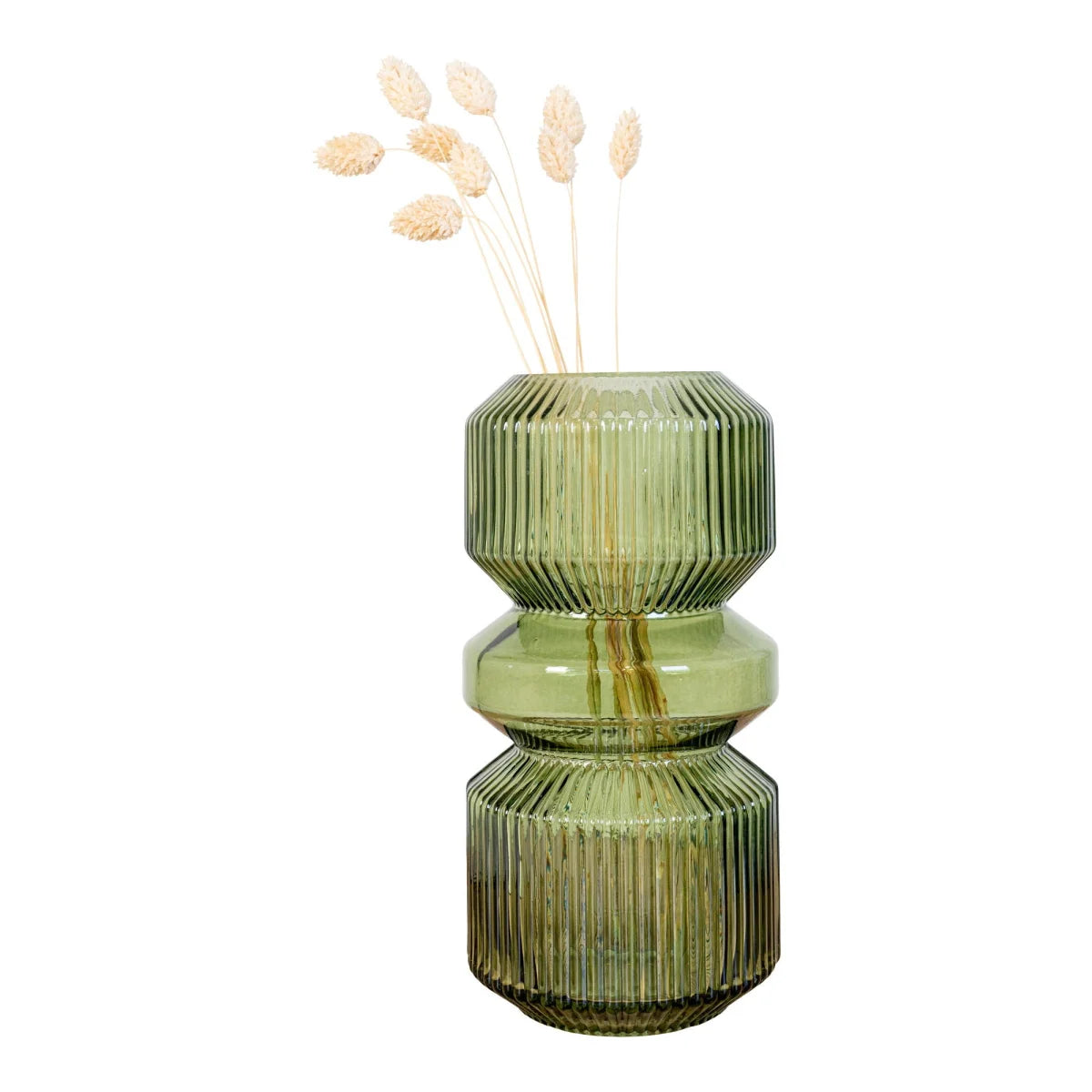 Vase rond en verre vert olive 25 cm avec blé séché