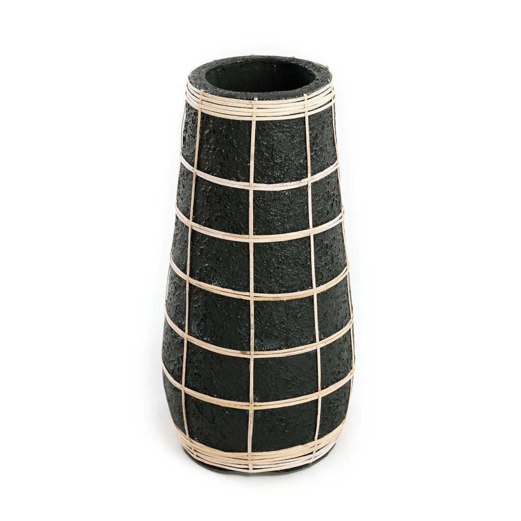 Vase en terre cuite et rotin noir naturel H31 cm